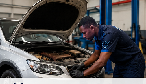 Vehicle Service Centre technician inspecting an engine bay